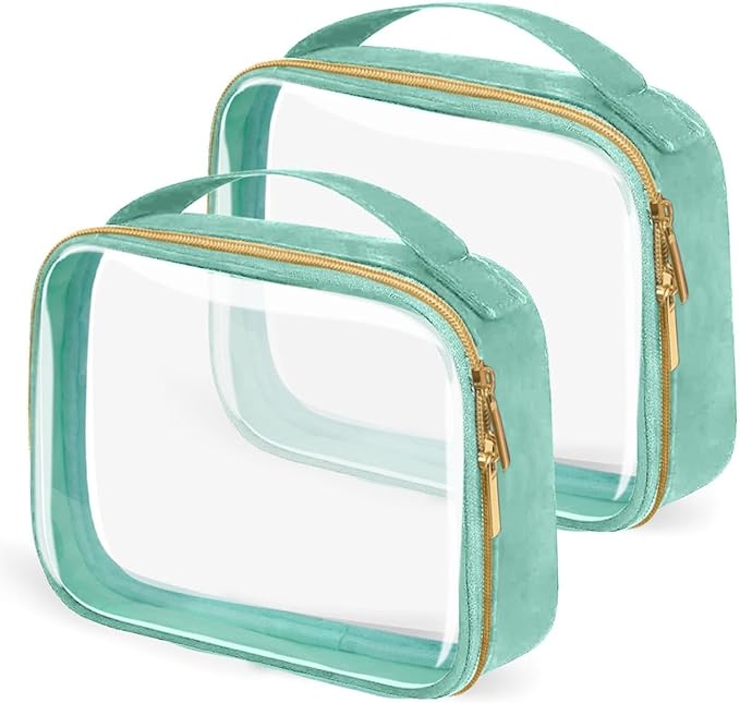 TSA Approved Travel Toiletry Bag,2 Pack Clear Makeup Bags with Handles,Quart Size Clear Cosmetic Bags for Traveling Women,Men,Carry on Airport Airline Compliant Bag,Green