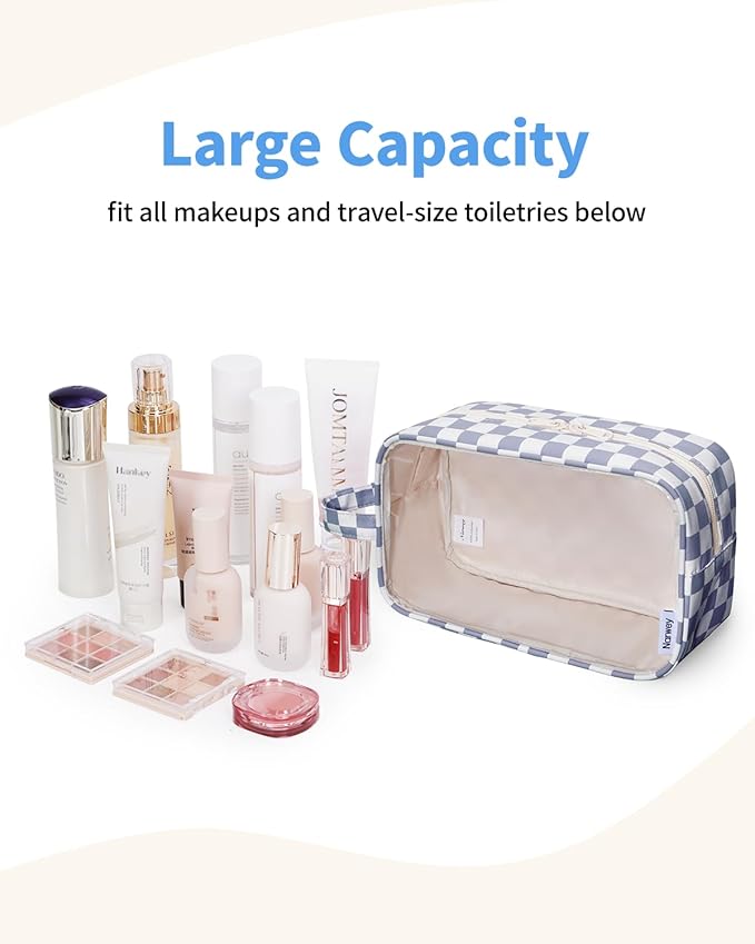Narwey Checkered Clear Makeup Bag Cosmetic Bag with Zipper for Travel, Clear Toiletry Bags for Traveling Toiletries Wome Men, Make Up Pouch with Handle, Skincare Bag (Grayish Blue Checkerboard)