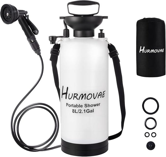 2.1 Gallon/8L Portable Shower for Camping–10 Spray Modes, Insulated Water Sprayer, Portable Beach Shower for Surfing, Hiking, Dog Shower, White