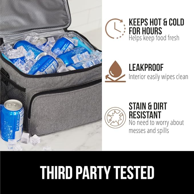 GORILLA GRIP Reusable Insulated Lunch Box Bag for Women Men,15L, Leakproof XL Soft Cooler Bags, Multiple Compartments, Mesh Pockets and Adjustable Strap, Food Tote Keeps Drinks Cold, 13x9, Light Gray