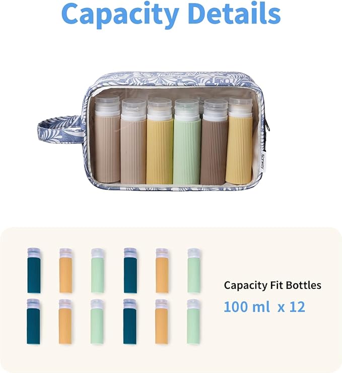 Narwey Clear Makeup Bag Cosmetic Bag with Zipper for Travel, Clear Toiletry Bags for Traveling Toiletries Women Men, Make Up Pouch with Handle, Skincare Bag (Blue Leaf)