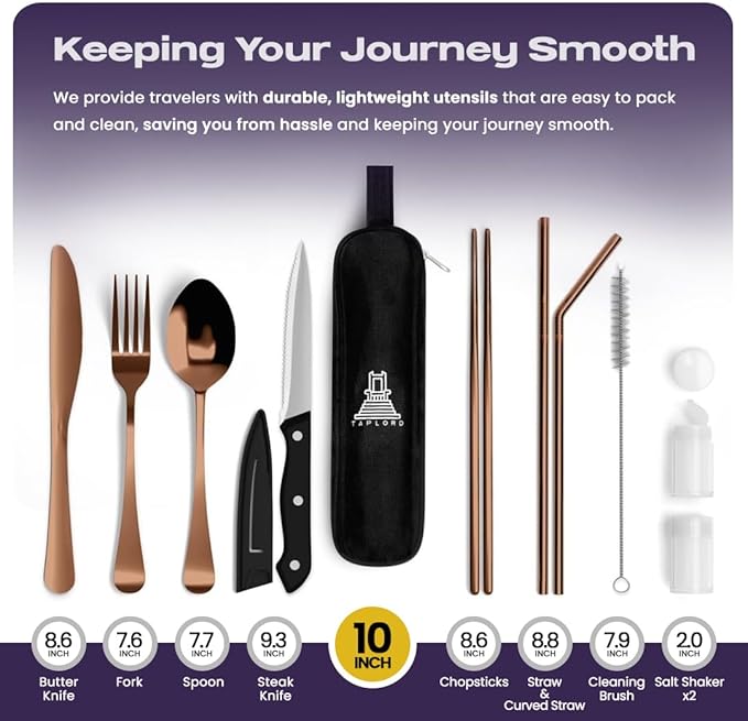 Portable Travel Silverware Set With Case, Includes 10 Pcs of Travel Utensils With Case, Stainless Steel Flatware Set For Camping, Lightweight (Rose Gold)