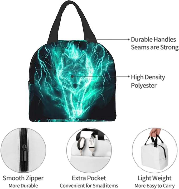 Giwawa Wolf Lunch Bag Fire Animal Print Lightning Insulated Kids Lunch Box Reusable Thermal Cooler Lunch Tote Bag Food Container for Teens Adults Girls Boys School Men Women Travel