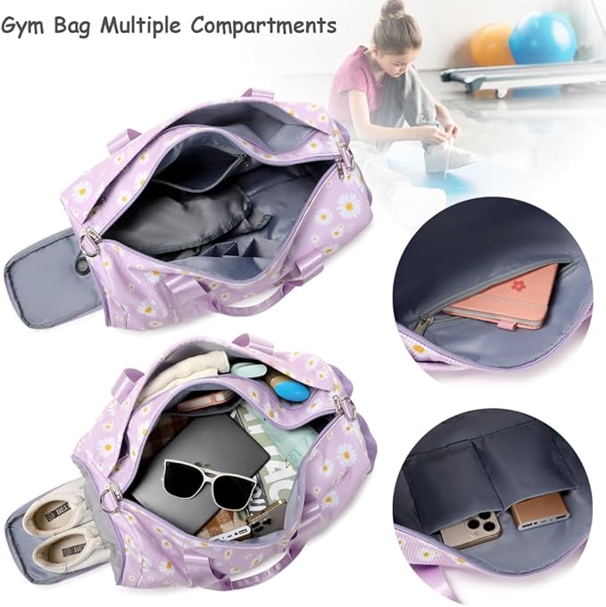 Dance Bag for Girls Gym Bag Sports Duffle Bag with Shoes Compartment Wet Pocket Weekender Overnight Bag for Girls Women Teens Corduroy Daisy Travel Duffle Bag