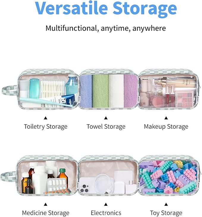 Narwey Checkered Clear Makeup Bag Cosmetic Bag with Zipper for Travel, Clear Toiletry Bags for Traveling Toiletries Women Men, Make Up Pouch with Handle, Skincare Bag (Mint Green Checkerboard)