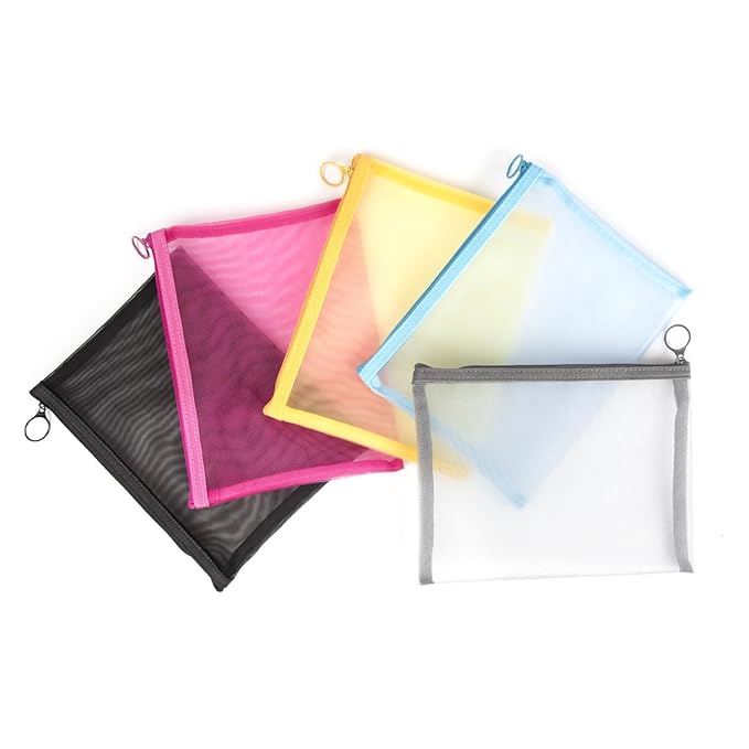 patu Zipper Mesh Bags, 9.25" x 7", Size L / A5, 5 Pieces, Beauty Makeup Cosmetic Accessories Organizer, Travel Toiletry Kit Set Storage Pouch, Assorted Colors