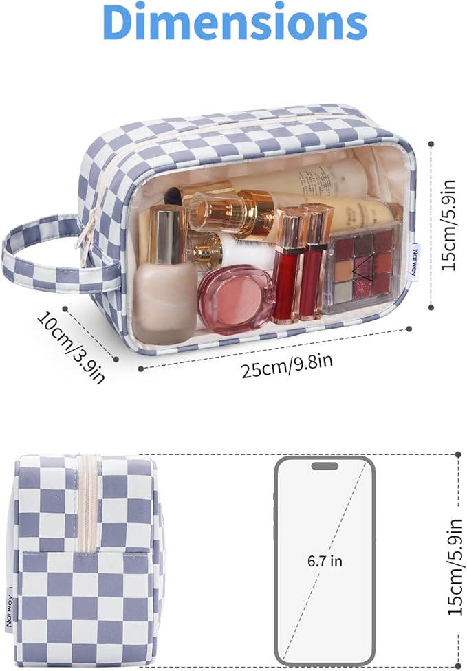 Narwey Checkered Clear Makeup Bag Cosmetic Bag with Zipper for Travel, Clear Toiletry Bags for Traveling Toiletries Wome Men, Make Up Pouch with Handle, Skincare Bag (Grayish Blue Checkerboard)
