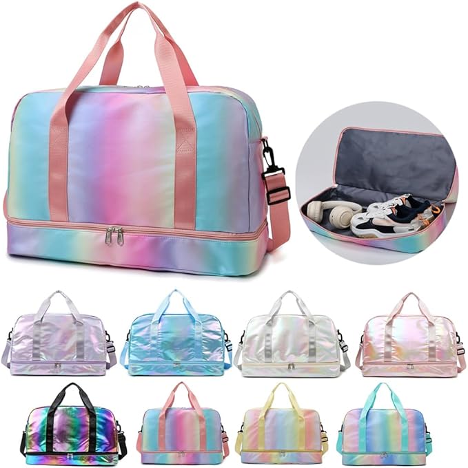 Sports Gym Bag with Shoes Compartment & Wet Pocket, Waterproof Overnight Bag Travel Bag Gymnastic bag Dance Bag for Girl, Weekend Bag for Women(gradient pink)