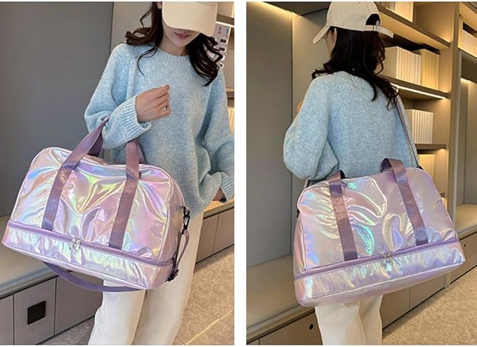 Holographic Shimmering Gym Duffle Bag with Shoes Compartment & Wet Pocket, Women Weekend Overnight Travel Bag Gymnastic Dance Bag for Girl (purple)