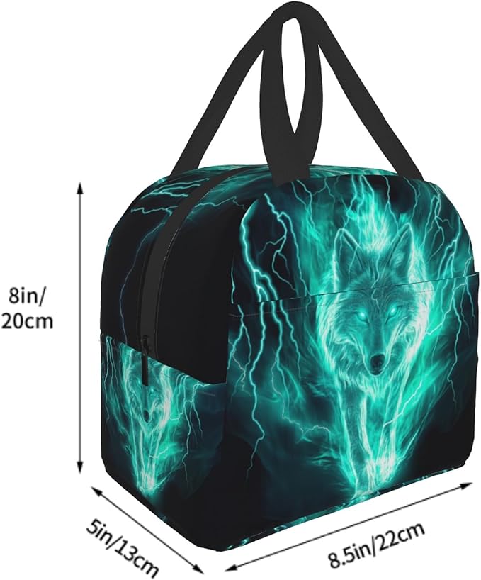 Giwawa Wolf Lunch Bag Fire Animal Print Lightning Insulated Kids Lunch Box Reusable Thermal Cooler Lunch Tote Bag Food Container for Teens Adults Girls Boys School Men Women Travel