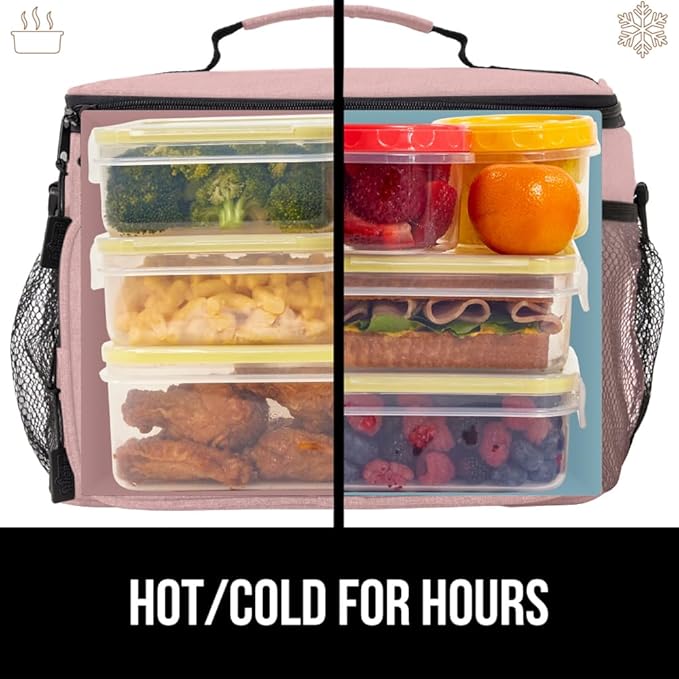 GORILLA GRIP Reusable Insulated Lunch Box Bag for Women Men,15L, Leakproof XL Soft Cooler Bags, Multiple Compartments, Mesh Pockets and Adjustable Strap, Food Tote Keeps Drinks Cold, 13x9, Pink