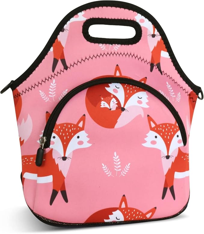 Violet Mist Neoprene Insutated Lunch Bag with Pocket Shoulder Strap Women Cute Animal Cartoon Lunch Box Resuable Waterproof Fox Pink LunchBag Tote Food Containers Gift Women Adult Work Picnic Travel
