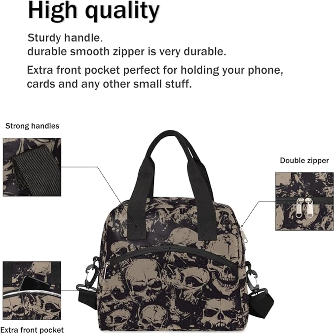 Vintage Skull Skeleton Insulated Lunch Bags for Women Men Adult Halloween Goth Reusable Lunch Tote Therma Cooler Bag with Shoulder Strap Lunch Box for School Work Office Picnic Meal Prep Bag