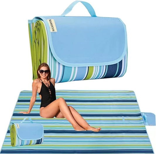 K Y KANGYUN Beach Blanket Outdoor Picnic Blankets Mat 80"x60" Extra Large Waterproof Sand Proof Camping Blanket Lightweight Folding Portable Travel Blanket for Family Park Beach Grass (Blue Line)