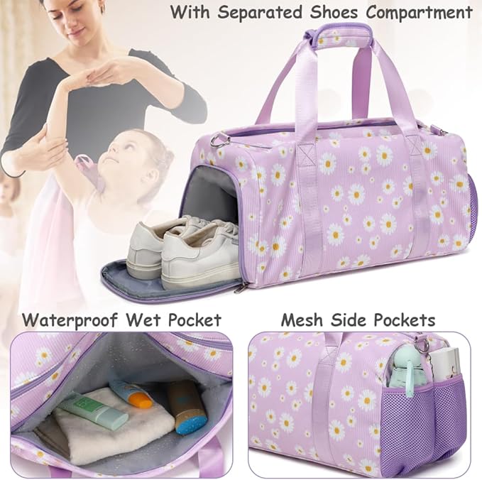 Dance Bag for Girls Gym Bag Sports Duffle Bag with Shoes Compartment Wet Pocket Weekender Overnight Bag for Girls Women Teens Corduroy Daisy Travel Duffle Bag