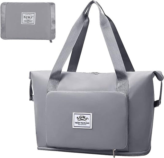 Expandable Travel Duffel Tote Bag - Foldable Overnight Weekender, Carry-On, Swim & Gym Bag - Fits Spirit Airlines Personal Item Size - Lightweight, Waterproof & Durable with Trolley Sleeve,Grey