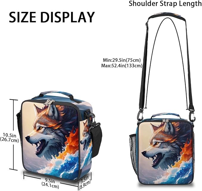 Wolf Colorful Ocean Wave Art Animal Boys Lunch Box, Reusable Insulated Waterproof With Adjustable Shoulder Strap, Thermal Cooler Tote Bag for School, Daycare, Picnic