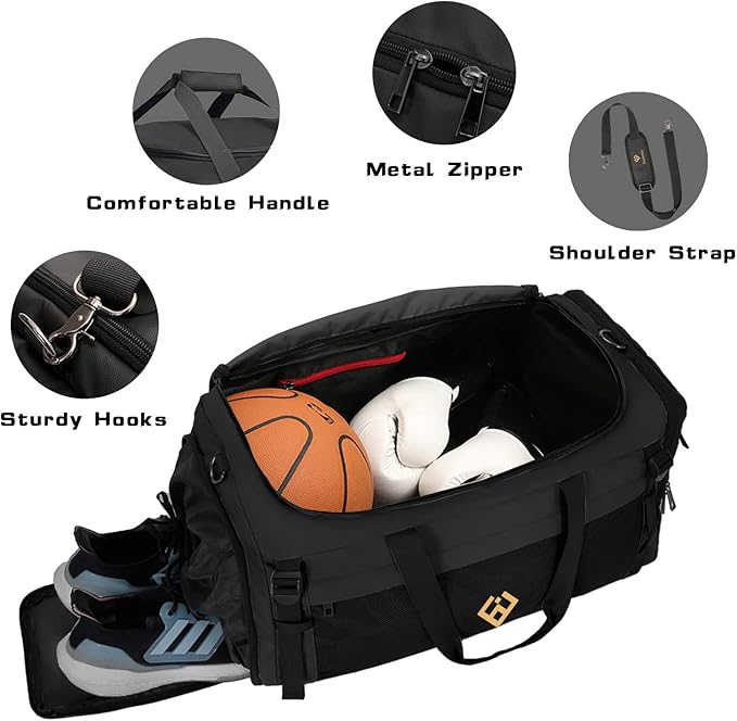 Eackrola Extra Large Sports Gym Bag, Travel Duffel bag with Wet Pocket & Shoes Compartment for men women, 85L, Lightweight （Black）