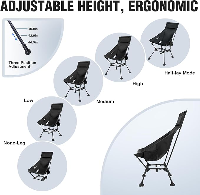 MOON LENCE High Back Folding Camping Chairs, Height-Adjustable, Widened Seat, for Beach with Anti-Sinking Feet