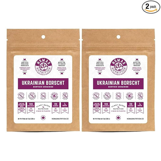Nomad Nutrition Ukrainian Borscht | Instant Freeze Dried Backpacking & Camping Food | Plant-Based, Non-GMO Hiking Meals with High-Energy, Vegan, Gluten-Free | 56g - 2 Pack