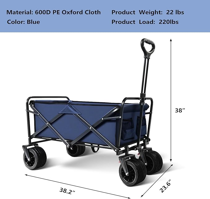 Large Collapsible Wagon Cart Heavy Duty Foldable, Large Capacity Foldable Grocery Beach Wagon for Camping Sports Shopping, Blue