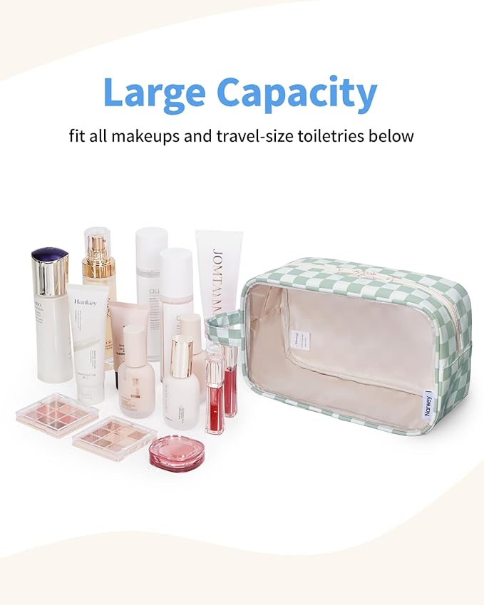 Narwey Checkered Clear Makeup Bag Cosmetic Bag with Zipper for Travel, Clear Toiletry Bags for Traveling Toiletries Women Men, Make Up Pouch with Handle, Skincare Bag (Mint Green Checkerboard)