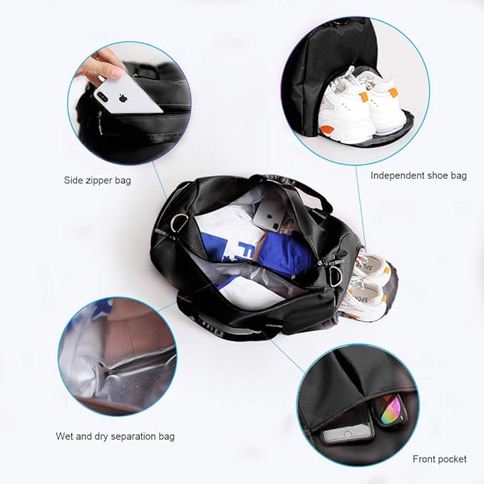 Blackwheel Sports Gym Bag With Shoe Bag Wet Bag Duffle Bag Waterproof Travel Bag for Women Men Black 29L