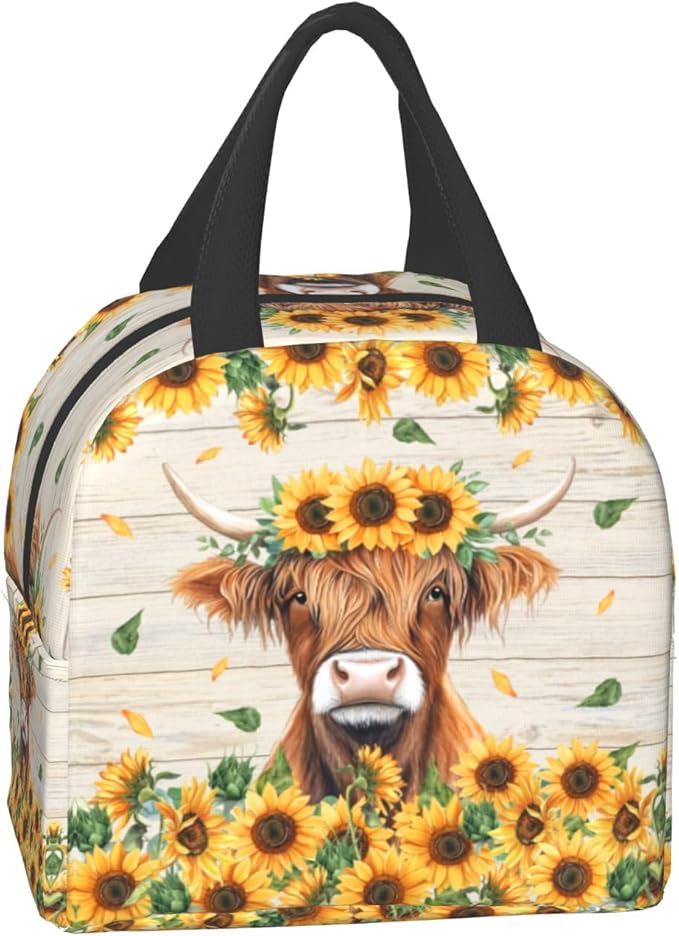 Giwawa Highland Cow Kids Lunch Bag Sunflower Cattle Insulated Girls Lunch Box Yellow Floral Wood Board Thermal Cooler Lunch Tote Bag for Teens Boys School Students Men Women Picnic