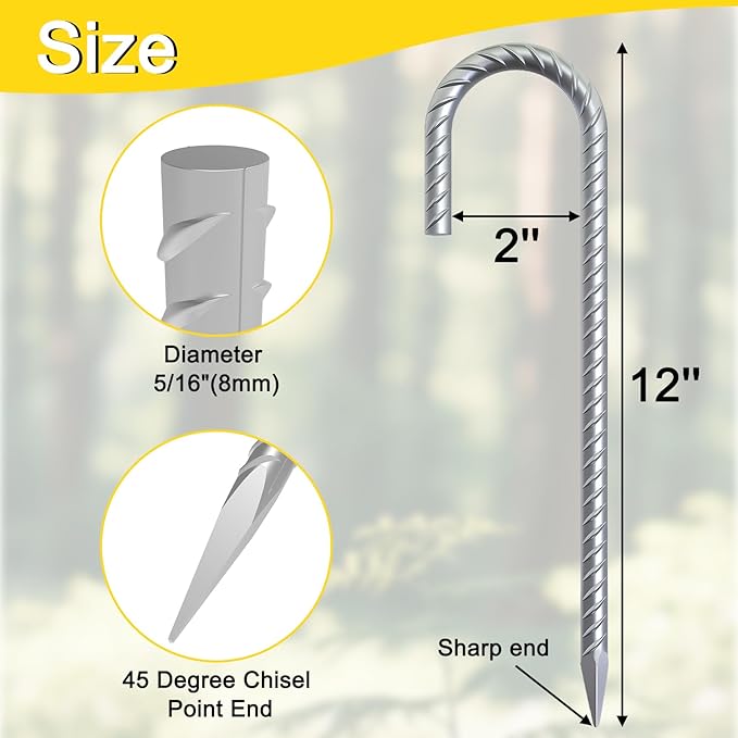 Rebar Stakes 12 inch, 5/16" Diameter Heavy Duty J Hook Stakes 55 Pack, Galvanized Anti-Rust Ground Anchor Long Tent Stakes for Dog Fence Trompoline Swing Set