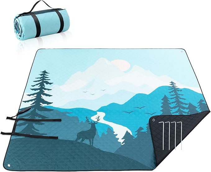 PY SUPER MODE Extra Large Waterproof Picnic Blankets 83x79 Inches - 5 Layer Outdoor Picnic Mat for Beach Camping Park Lawn, Windproof Anchor System with Stakes, Foldable Blue&Brown