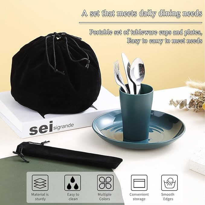 Evanda Camping Cutlery Set, Reusable Light Weight Mug, Plate and Stainless Steel Cutlery Set with Black Bag, Dishwasher Safe