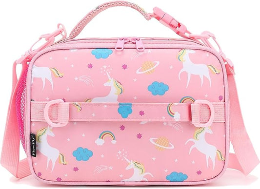 FlowFly Kids Lunch Bag, Durable Insulated School Lunch Box with Shoulder Strap and Bottle Holder, Water-resistant Thermal Small Lunch Cooler Tote for Teen Boys & Girls,Pink#Unicorn
