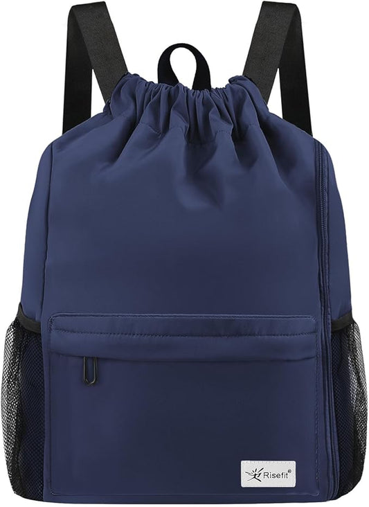 Drawstring Backpack with Mesh Pockets String Gym Bag Sackpack Sandproof Water Resistant Beach Backpack for Men Women