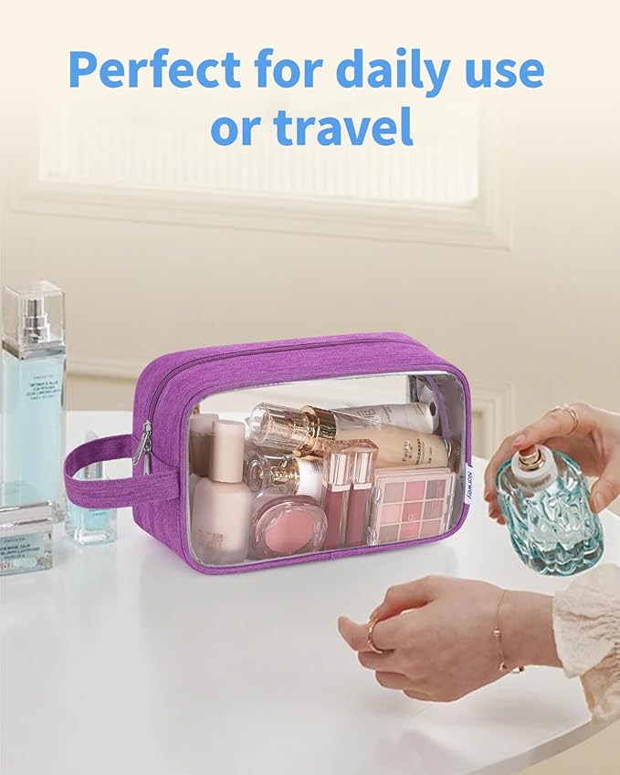 Narwey Clear Travel Toiletry Bags for Traveling Toiletries Men Women, Clear Makeup Bag Cosmetic Bag with Zipper, Make Up Pouch Organizer Bags with Handle, Skincare Bag (Purple)