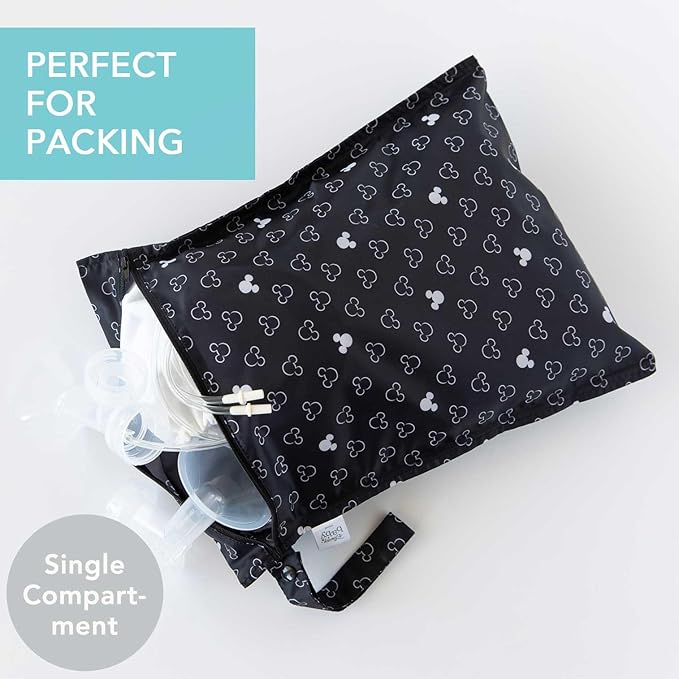Bumkins Disney Waterproof Wet Bag for Baby, Travel, Swim Suit, Cloth Diapers, Pump Parts, Pool, Beach, Gym Clothes, Toiletry, Hook to Stroller, Daycare, Zip Reusable Wetdry Packing, Mickey Mouse Icon