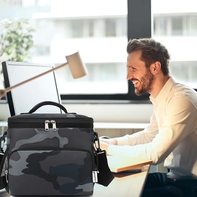 Insulated Reusable Lunch Bag Adult Large Lunch Box for Women and Men with Adjustable Shoulder Strap,Front Zipper Pocket and Dual Large Mesh Side Pockets,Black Camo