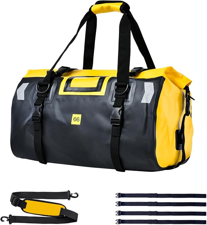 Waterproof Duffel Bag，Roll-Top Heavy Duty Dry Duffle Bag，Motorcycle Dry Bag，with Quick-fixed Straps，with Large Storage Space, Perfect for Traveling, Camping, Kayaking, Fishing & Canoeing (yellow, 66L)