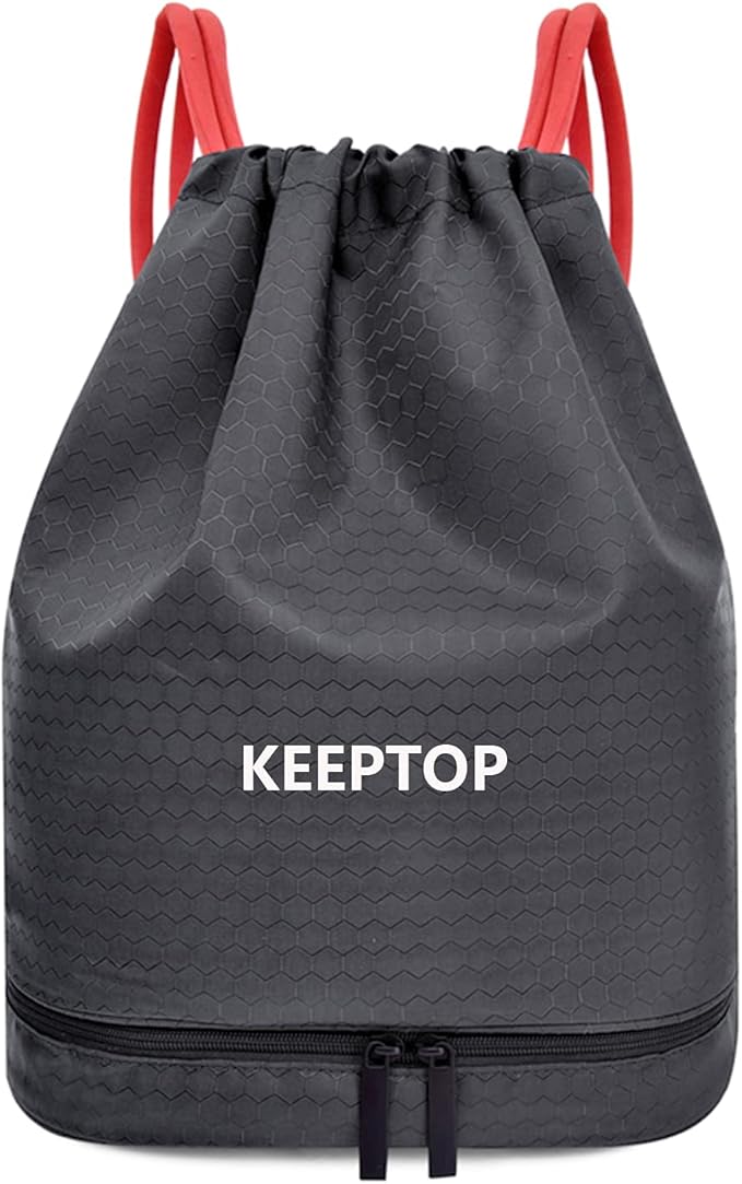 Waterproof Drawstring Backpack Swim Bag Sackpack,Dry Wet Depart,Swimming Gym Yoga Sport Shoulder Rucksack Daypacks Beach Pool Casual Bags (BLACK with RED Drawstring)