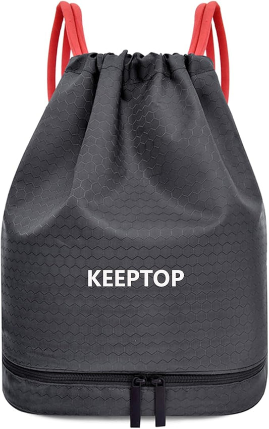 Waterproof Drawstring Backpack Swim Bag Sackpack,Dry Wet Depart,Swimming Gym Yoga Sport Shoulder Rucksack Daypacks Beach Pool Casual Bags (BLACK with RED Drawstring)