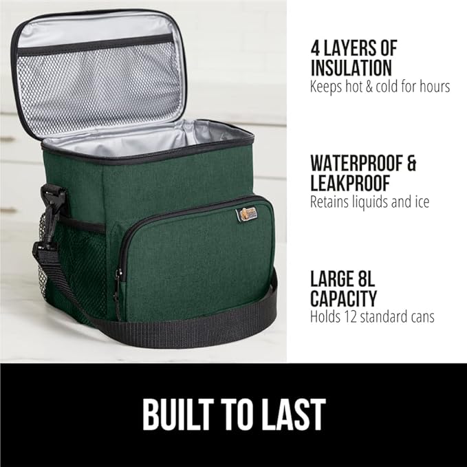 GORILLA GRIP Reusable Insulated Lunch Box Bag, Large Capacity, Leakproof Soft Cooler Bags, Mesh Pockets and Adjustable Strap, Food Tote for Work Camping School, Keep Drinks Cold, 8L, 10x9 Hunter Green
