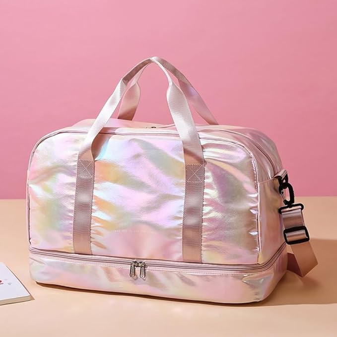 Holographic Shimmering Gym Duffle Bag with Shoes Compartment & Wet Pocket, Women Weekend Overnight Travel Bag Gymnastic Dance Bag for Girl (pink)
