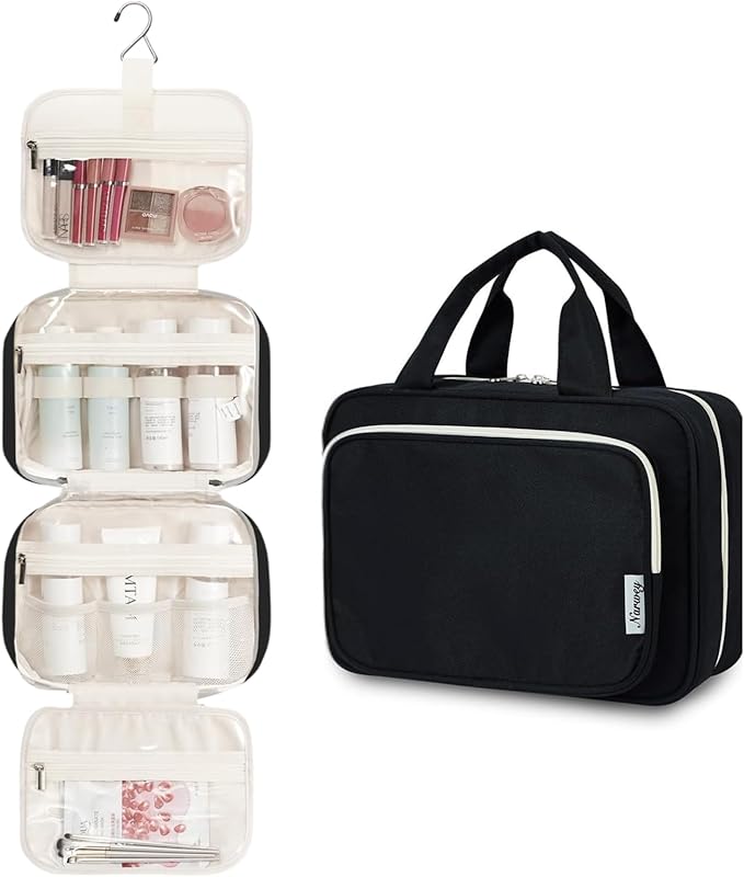 Narwey Hanging Toiletry Bag for Women Travel Makeup Bag Organizer Toiletries Bag for Travel Size Essentials Accessories Cosmetics (Black (Medium))