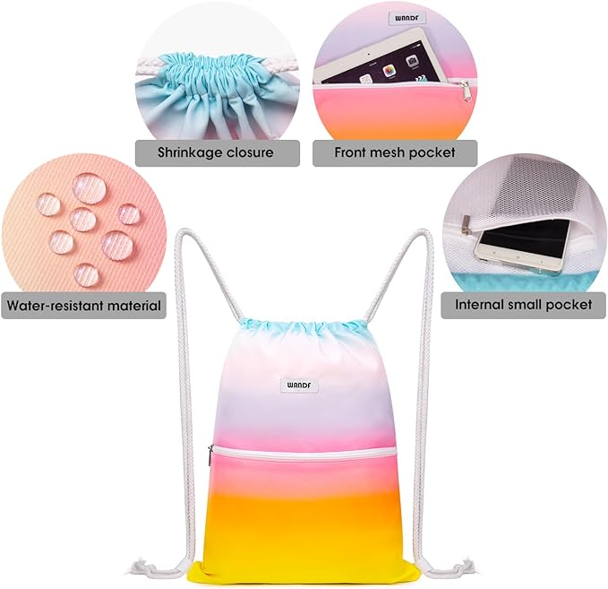 WANDF Drawstring Backpack String Bag Sackpack Cinch Water Resistant Nylon for Gym Shopping Sport Yoga (Rain bow)