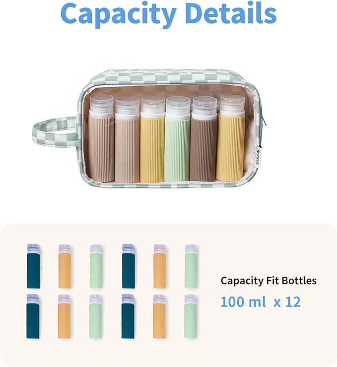 Narwey Checkered Clear Makeup Bag Cosmetic Bag with Zipper for Travel, Clear Toiletry Bags for Traveling Toiletries Women Men, Make Up Pouch with Handle, Skincare Bag (Mint Green Checkerboard)