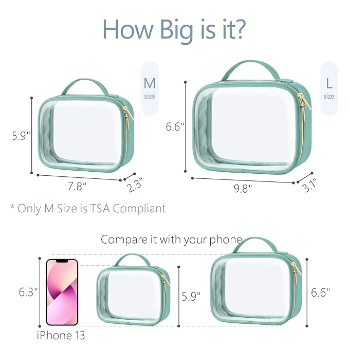 PACKISM TSA Approved Toiletry Bag, 2 Pack Clear Makeup Bags with Handle Large Opening, Clear Toiletry Bags Fit Carry-on Travel Essential, Travel Bags for Toiletries, Turquoise Green