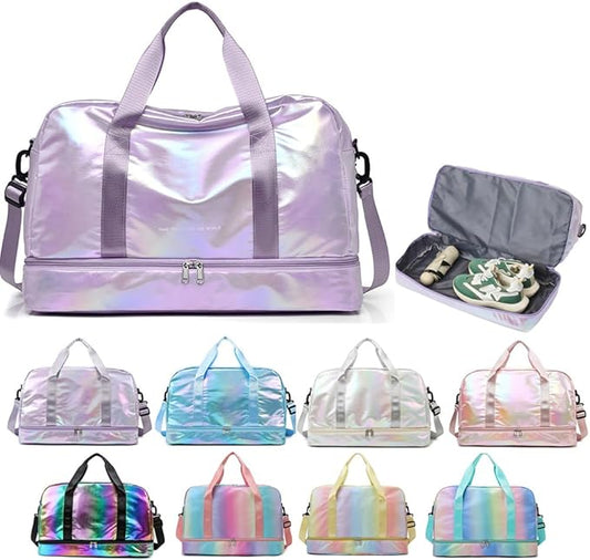 Holographic Shimmering Gym Duffle Bag with Shoes Compartment & Wet Pocket, Women Weekend Overnight Travel Bag Gymnastic Dance Bag for Girl (purple)