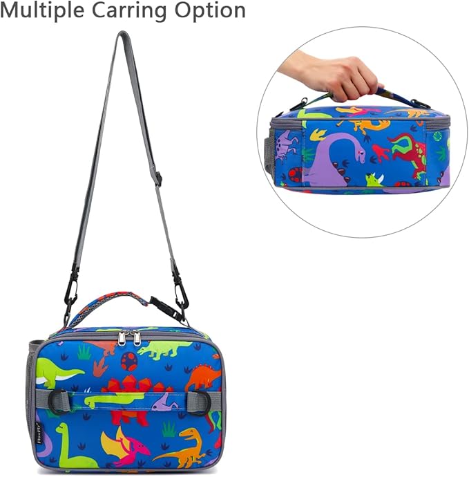 FlowFly Kids Lunch Bag, Durable Insulated School Lunch Box with Shoulder Strap and Bottle Holder, Water-resistant Thermal Small Lunch Cooler Tote for Teen Boys & Girls,Dinosaur