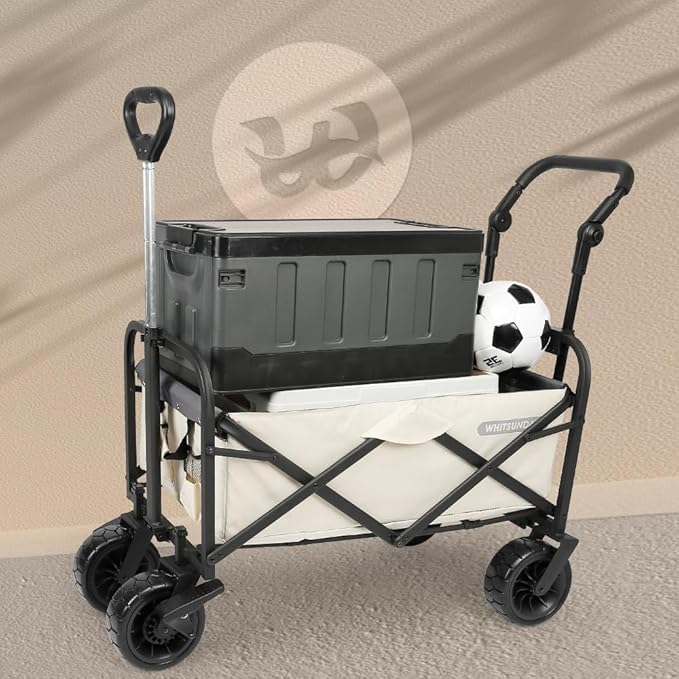 WHITSUNDAY Collapsible Folding Garden Outdoor Park Utility Wagon Picnic Camping Cart with Bearing and Brake 8" All Terrain Wheels with Push Bar (Beige)