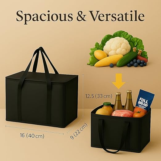 musbus 2-Pack, XL-Large Insulated Grocery shopping bags, Black, reusable bag,thermal zipper,Collapsible,tote,cooler,food transport hot and cold,camping, delivery groceries freezer