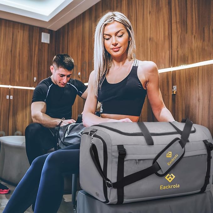Eackrola Extra Large Sports Gym Bag, Travel Duffel bag with Wet Pocket & Shoes Compartment for men women, 85L, Lightweight （Light Gray）